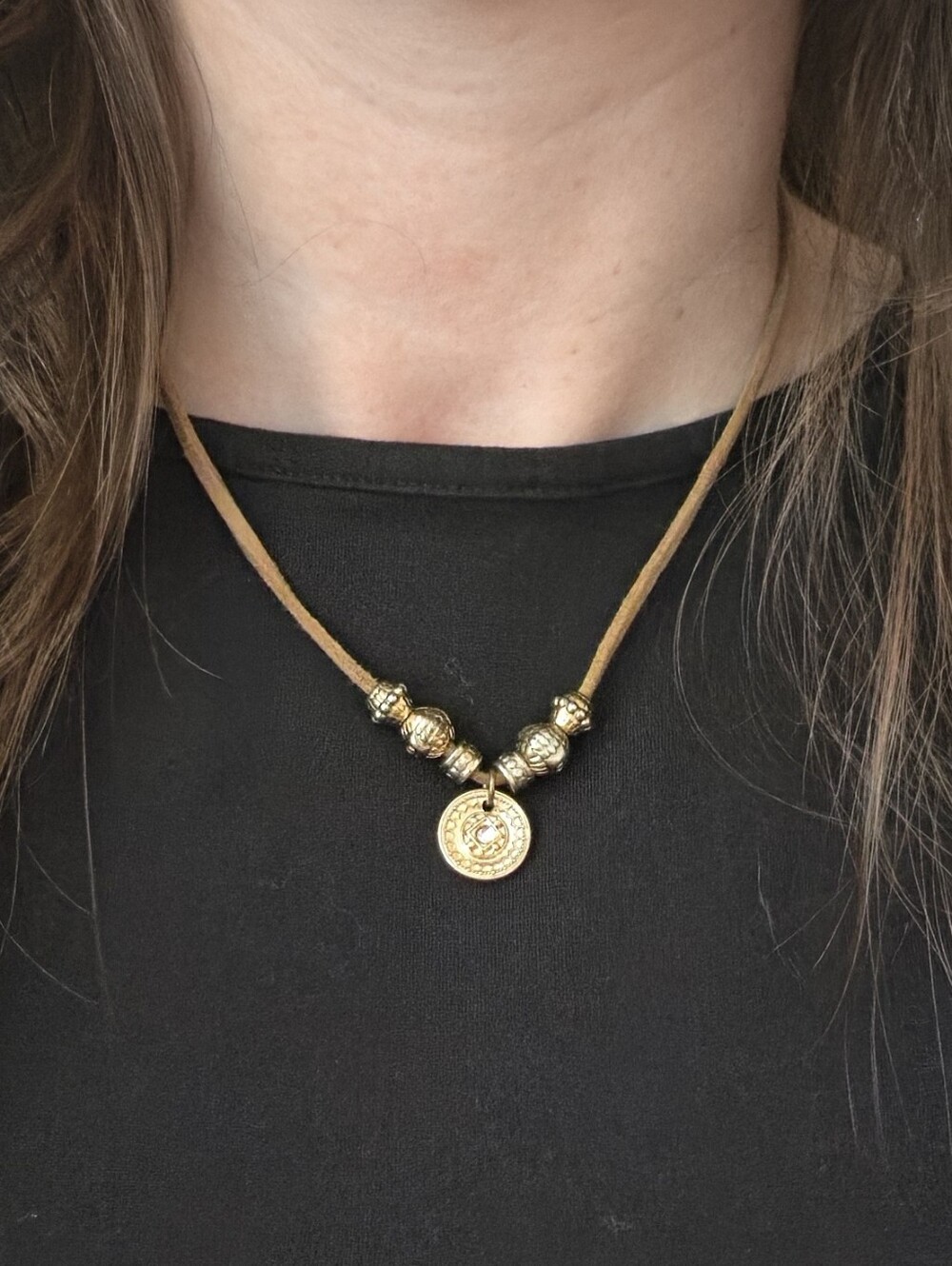 Boho Medallion Necklace Tan Cord Gold Tone Beaded Pendant Western Southwestern